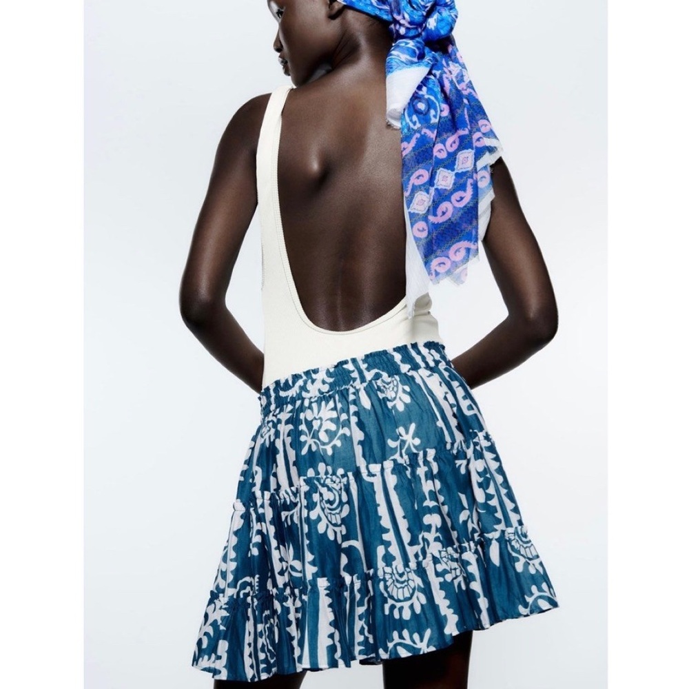 Zara Cotton Voile Lightweight Blue & White Print Mini Skirt Size US XS - Picture 8 of 9